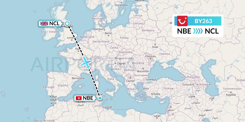 BY263 TUI Airways Flight Map: Enfidha to Newcastle