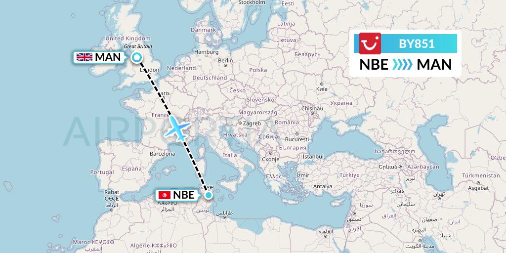 BY851 TUI Airways Flight Map: Enfidha to Manchester