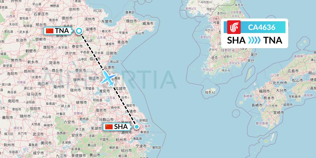 CA4636 Air China Flight Map: Shanghai to Jinan