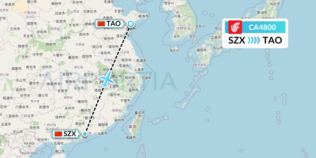 CA4800 Air China Flight Map: Shenzhen to Qingdao