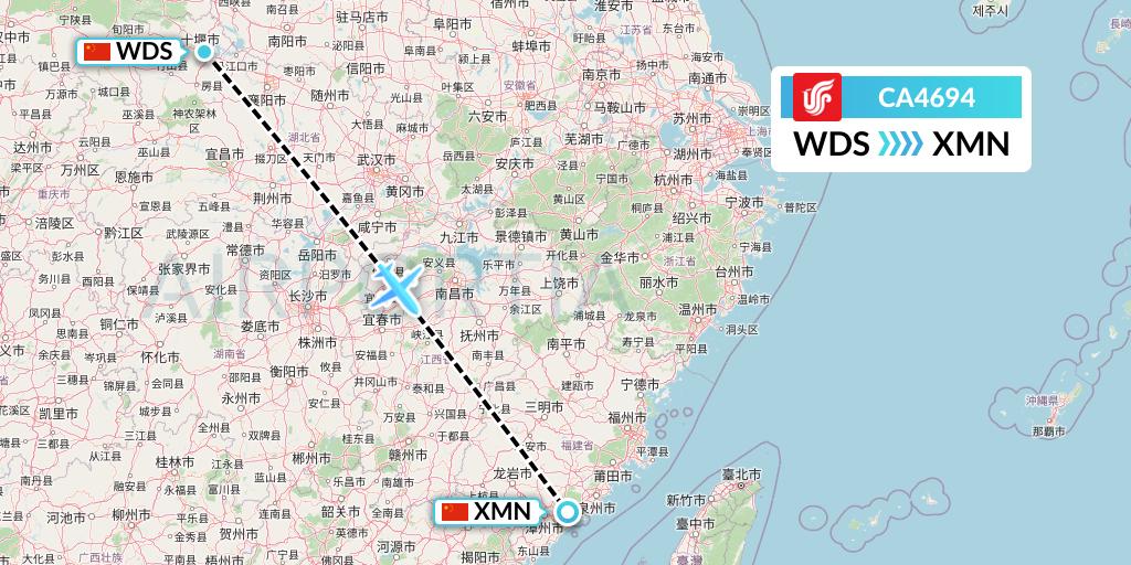 CA4694 Air China Flight Map: Shiyan to Xiamen