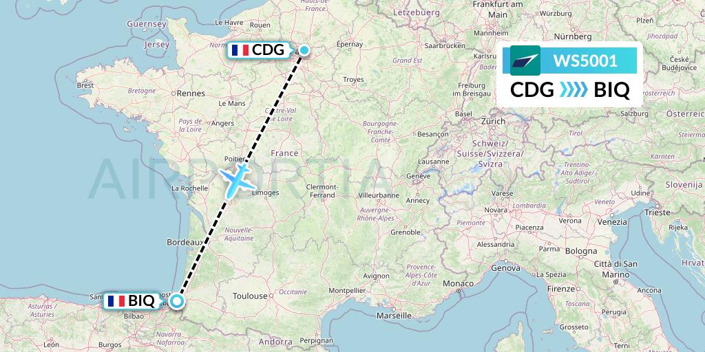 WS5001 WestJet Flight Map: Paris to Biarritz