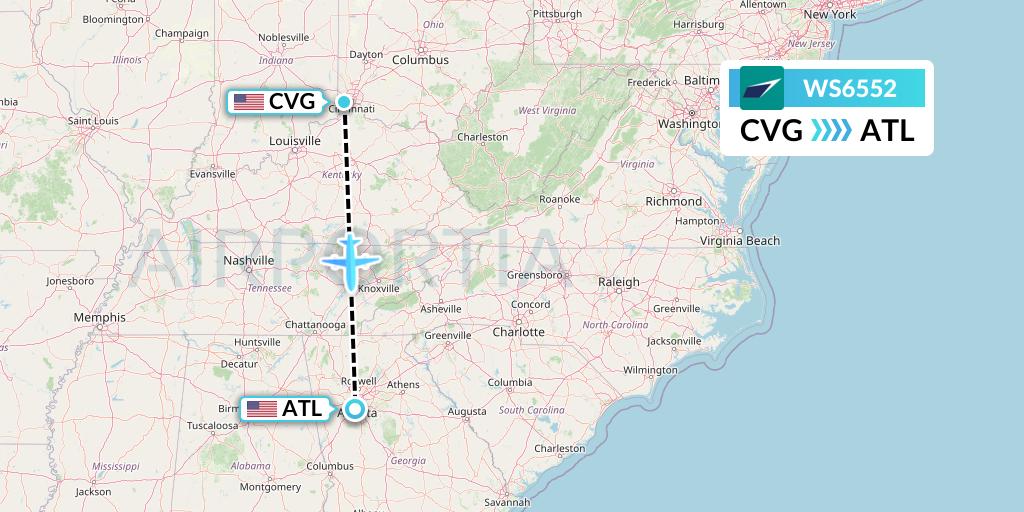 WS6552 WestJet Flight Map: Cincinnati to Atlanta