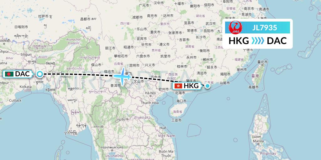 JL7935 Japan Airlines Flight Map: Hong Kong to Dhaka