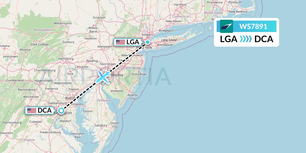 WS7891 WestJet Flight Map: New York to Washington
