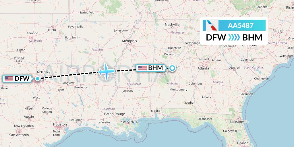 AA5487 American Airlines Flight Map: Dallas to Birmingham