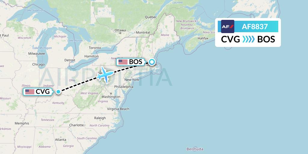 AF8837 Air France Flight Map: Cincinnati to Boston
