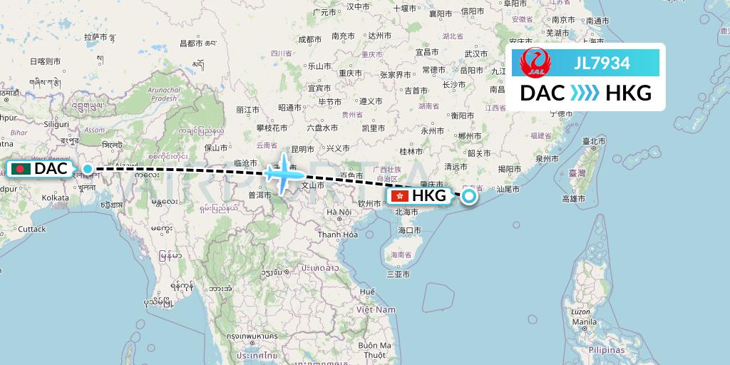 JL7934 Japan Airlines Flight Map: Dhaka to Hong Kong