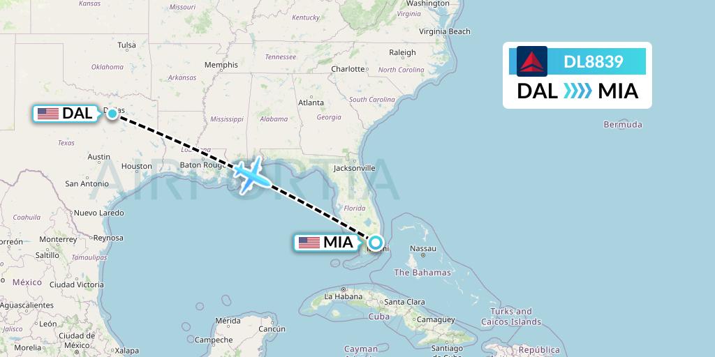 DL8839 Delta Air Lines Flight Map: Dallas to Miami