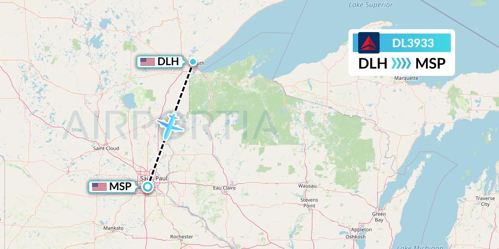 DL3933 Delta Air Lines Flight Map: Duluth to Minneapolis