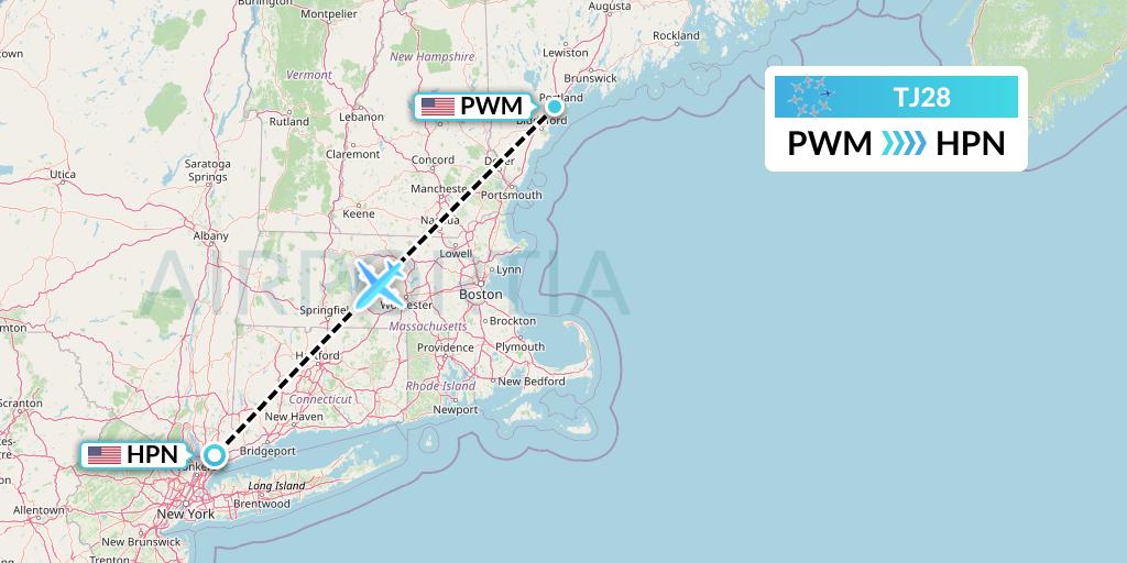 TJ28 Tradewind Aviation Flight Map: Portland to White Plains