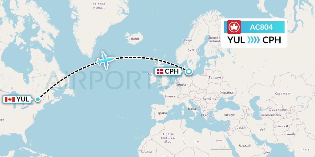 AC804 Air Canada Flight Map: Montreal to Copenhagen