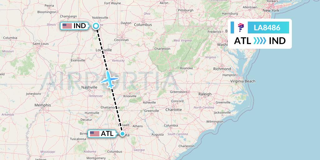 LA8486 LAN Airlines Flight Map: Atlanta to Indianapolis