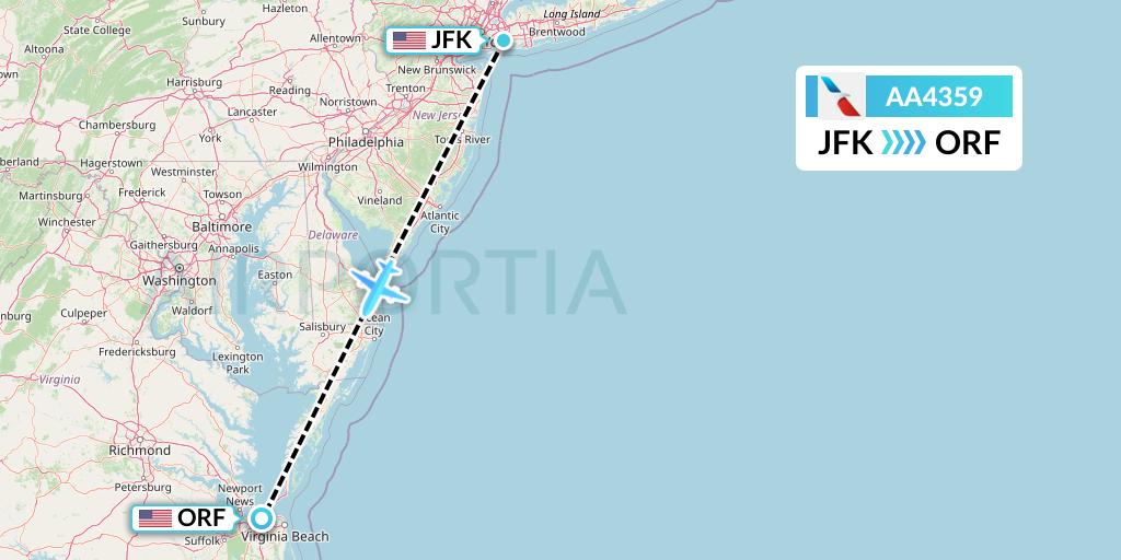AA4359 American Airlines Flight Map: New York to Norfolk