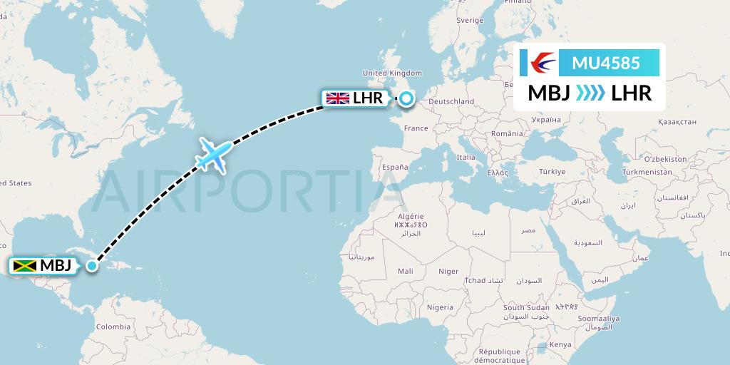 MU4585 China Eastern Airlines Flight Map: Montego Bay to London