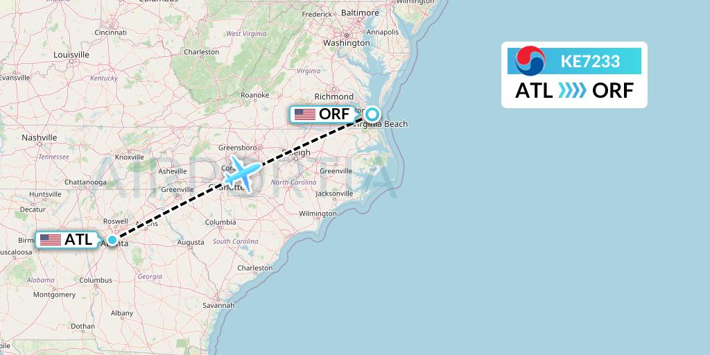 KE7233 Korean Air Flight Map: Atlanta to Norfolk