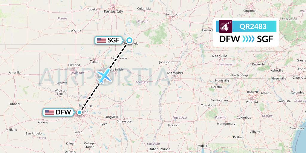 QR2483 Qatar Airways Flight Map: Dallas to Springfield