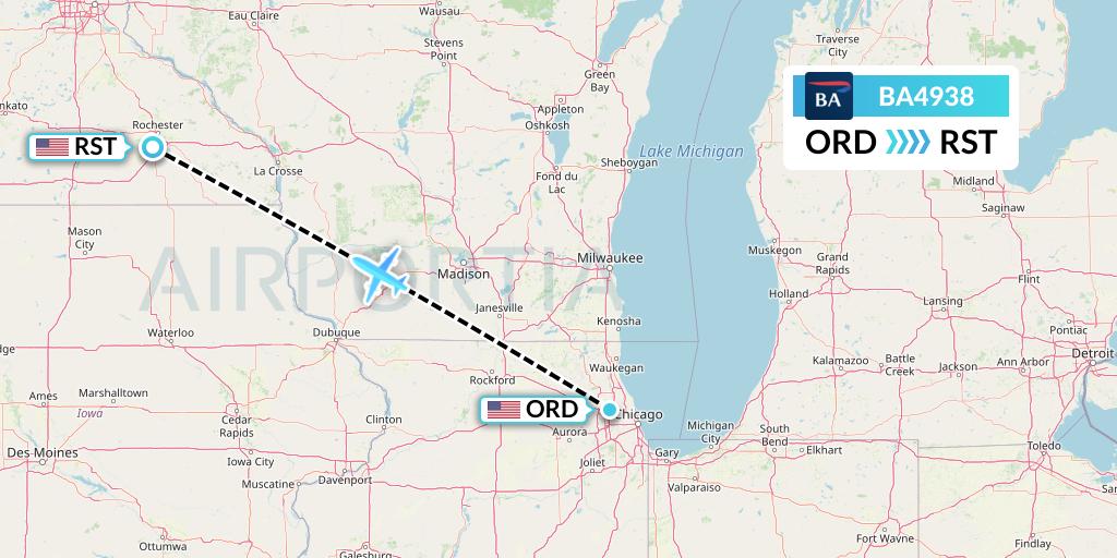 BA4938 British Airways Flight Map: Chicago to Rochester