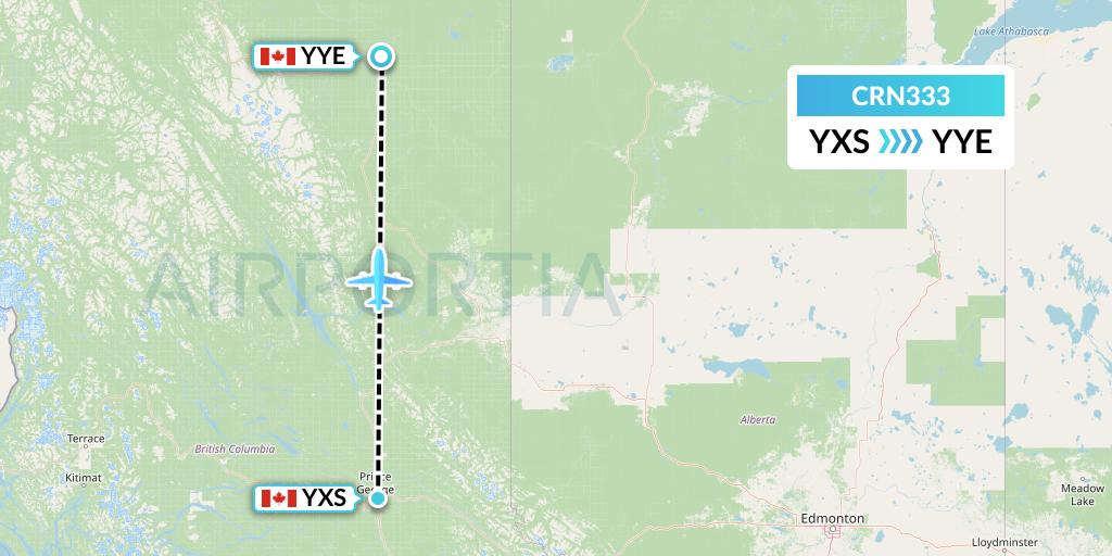 CRN333 Aerocaribbean Flight Map: Prince George to Fort Nelson