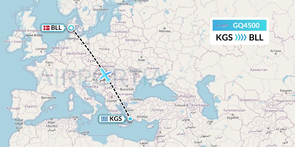 GQ4500 Sky Express (Greece) Flight Map: Kos to Billund
