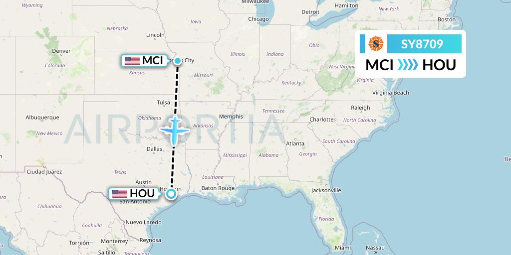SY8709 Sun Country Airlines Flight Map: Kansas City to Houston