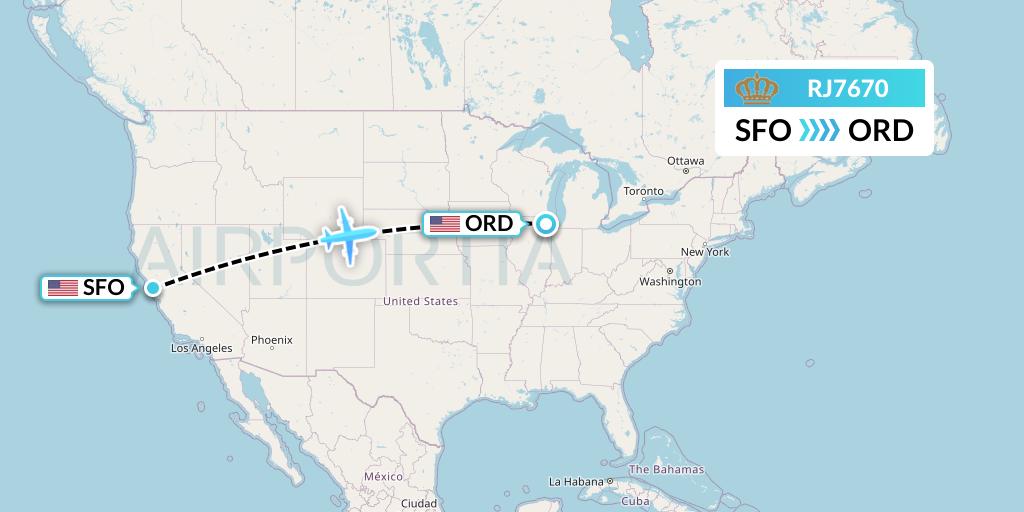 RJ7670 Royal Jordanian Flight Map: San Francisco to Chicago