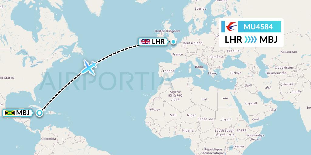 MU4584 China Eastern Airlines Flight Map: London to Montego Bay