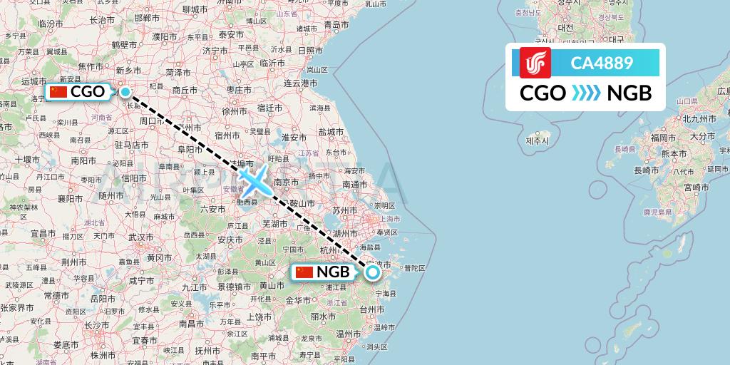 CA4889 Air China Flight Map: Zhengzhou to Ningbo