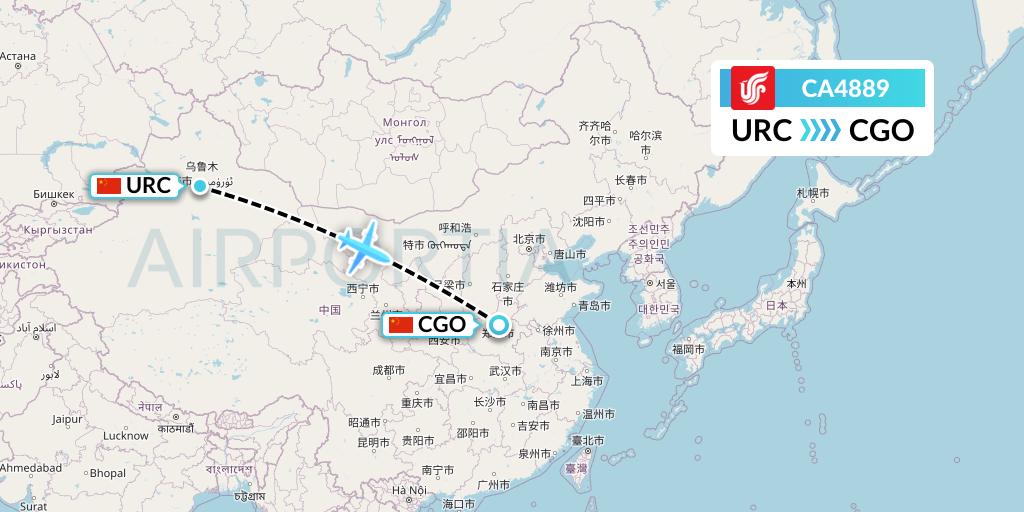 CA4889 Air China Flight Map: Urumqi to Zhengzhou