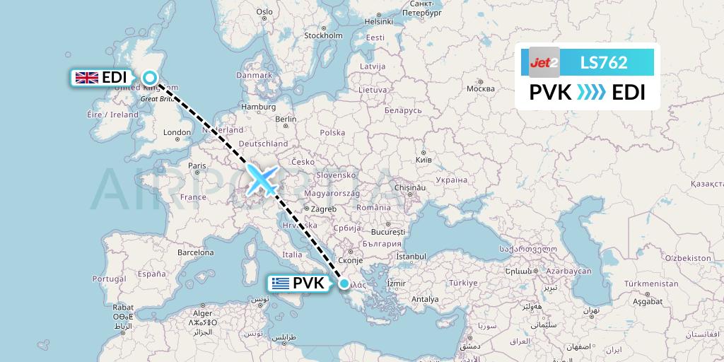 LS762 Jet2 Flight Map: Preveza to Edinburgh