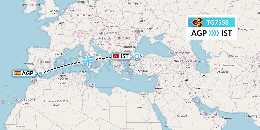 TG7558 Thai Airways Flight Map: Malaga to Istanbul