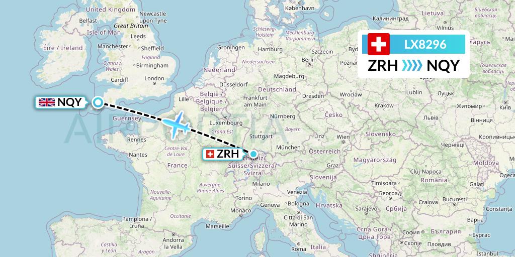LX8296 Swiss Flight Map: Zurich to Newquay