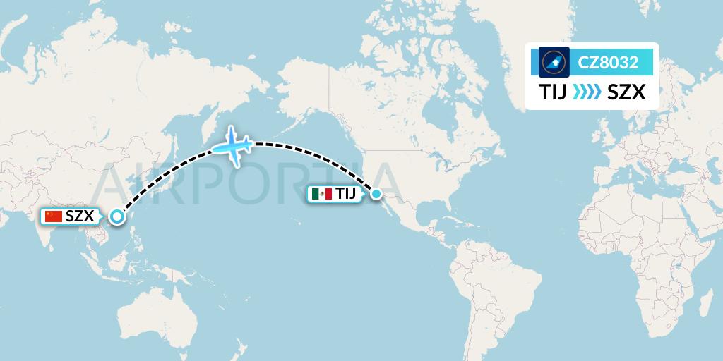 CZ8032 China Southern Airlines Flight Map: Tijuana to Shenzhen