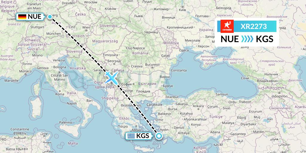 XR2273 Corendon Airlines Europe Flight Map: Nurnberg to Kos