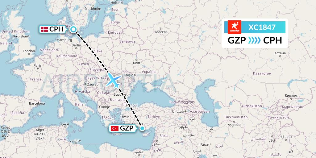 XC1847 Corendon Airlines Flight Map: Gazipasa to Copenhagen