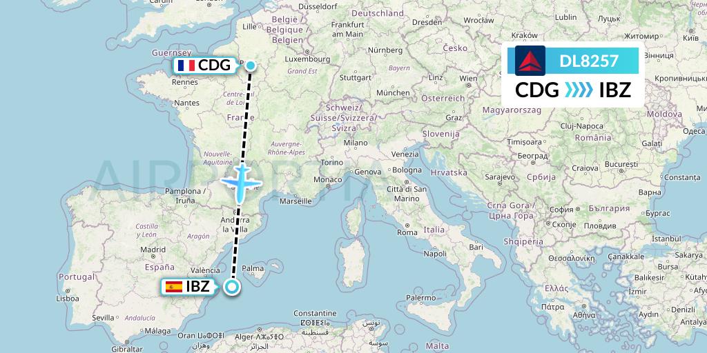 DL8257 Delta Air Lines Flight Map: Paris to Ibiza