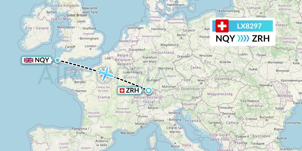 LX8297 Swiss Flight Map: Newquay to Zurich
