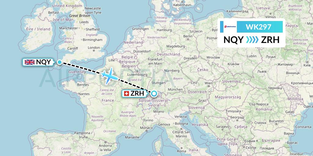 WK297 Edelweiss Air Flight Map: Newquay to Zurich