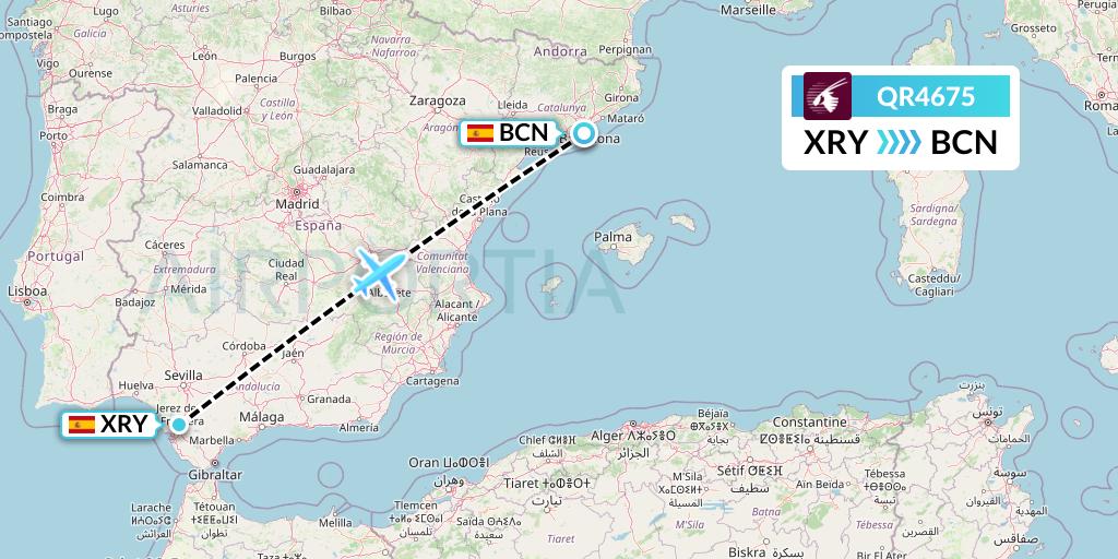 QR4675 Qatar Airways Flight Map: Jerez to Barcelona