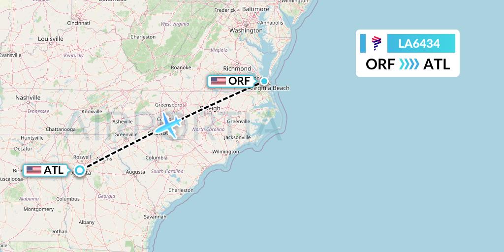 LA6434 LAN Airlines Flight Map: Norfolk to Atlanta