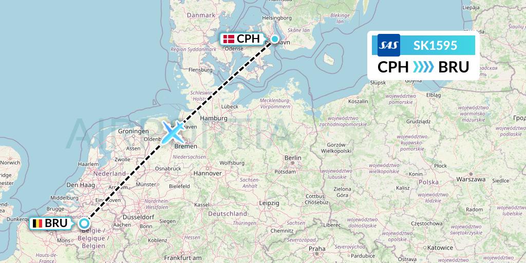 SK1595 SAS Flight Map: Copenhagen to Brussels