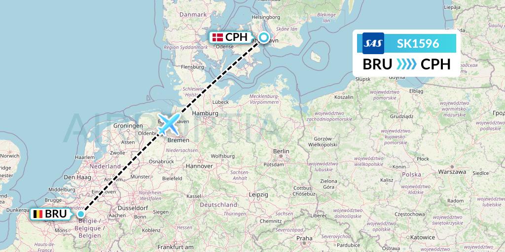 SK1596 SAS Flight Map: Brussels to Copenhagen