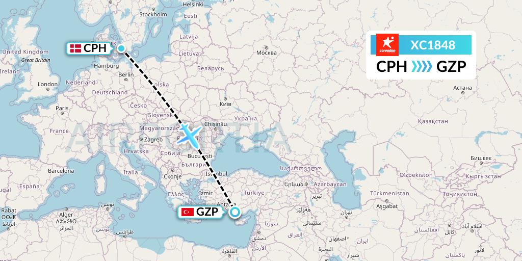 XC1848 Corendon Airlines Flight Map: Copenhagen to Gazipasa