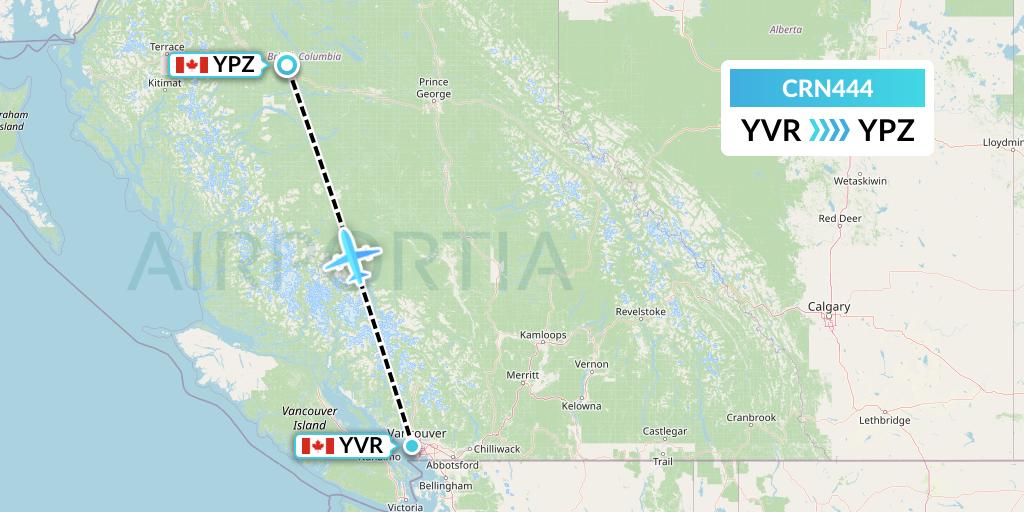 CRN444 Aerocaribbean Flight Map: Vancouver to Burns Lake