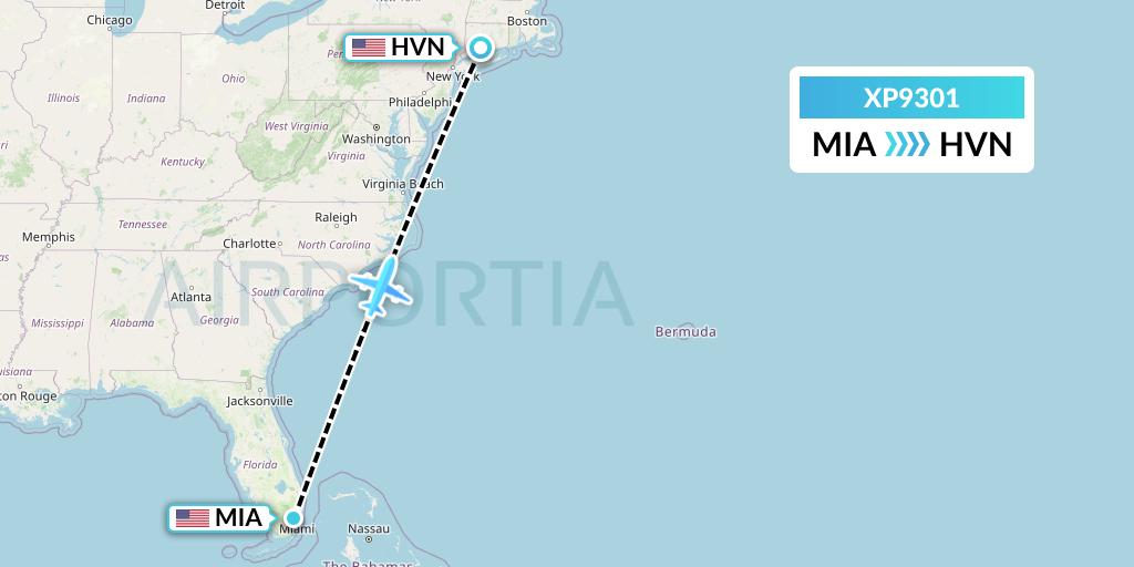 XP9301 Avelo Airlines Flight Map: Miami to New Haven