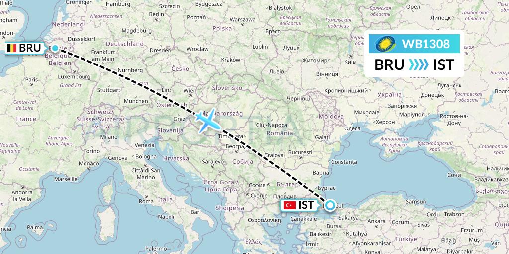 WB1308 RwandAir Flight Map: Brussels to Istanbul