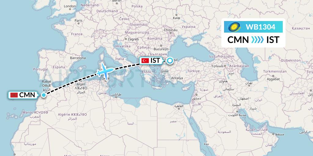 WB1304 RwandAir Flight Map: Casablanca to Istanbul