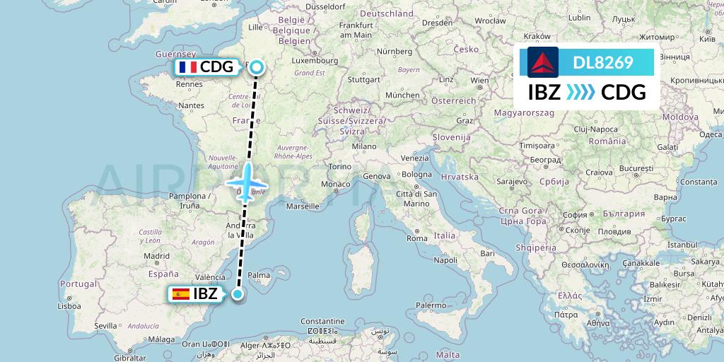 DL8269 Delta Air Lines Flight Map: Ibiza to Paris