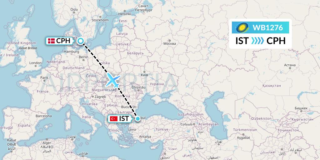 WB1276 RwandAir Flight Map: Istanbul to Copenhagen