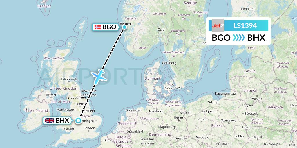 LS1394 Jet2 Flight Map: Bergen to Birmingham